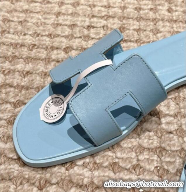 Stylish Hermes Classic Oran Flat Slide Sandals in Smooth Leather Blue 0123071