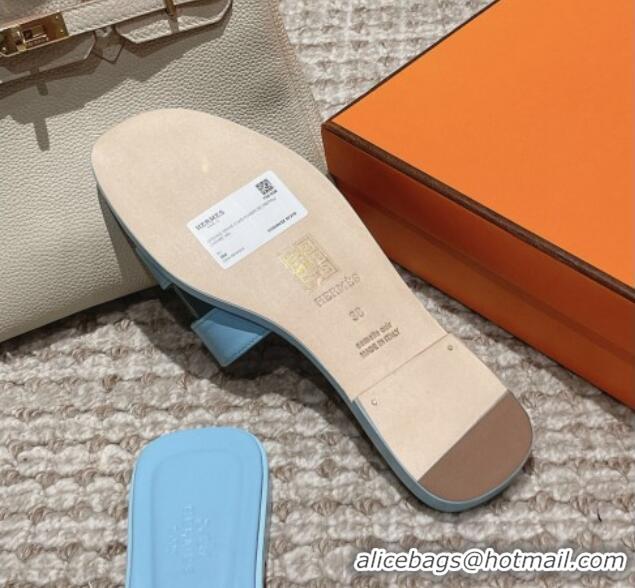 Stylish Hermes Classic Oran Flat Slide Sandals in Smooth Leather Blue 0123071