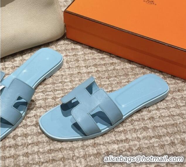 Stylish Hermes Classic Oran Flat Slide Sandals in Smooth Leather Blue 0123071