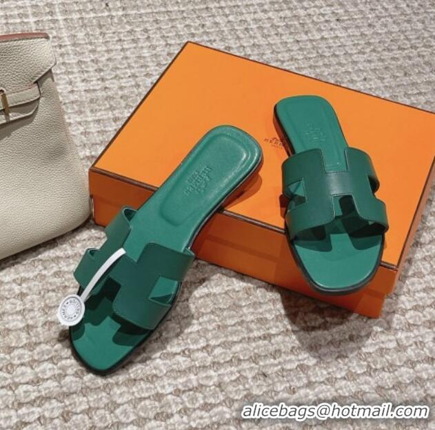 Charming Hermes Classic Oran Flat Slide Sandals in Smooth Leather Green 0123070