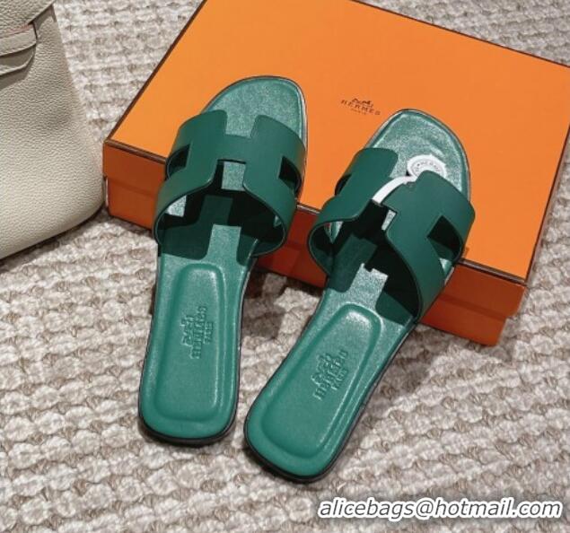 Charming Hermes Classic Oran Flat Slide Sandals in Smooth Leather Green 0123070