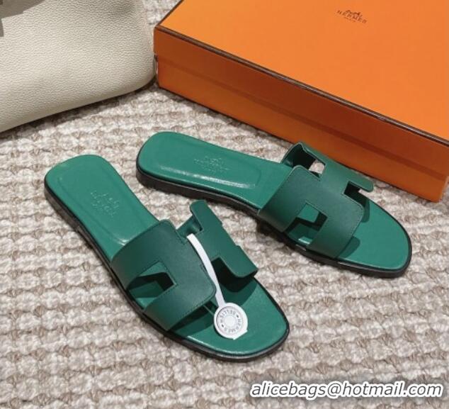 Charming Hermes Classic Oran Flat Slide Sandals in Smooth Leather Green 0123070