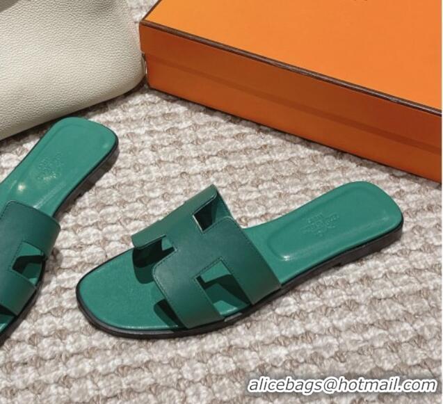 Charming Hermes Classic Oran Flat Slide Sandals in Smooth Leather Green 0123070