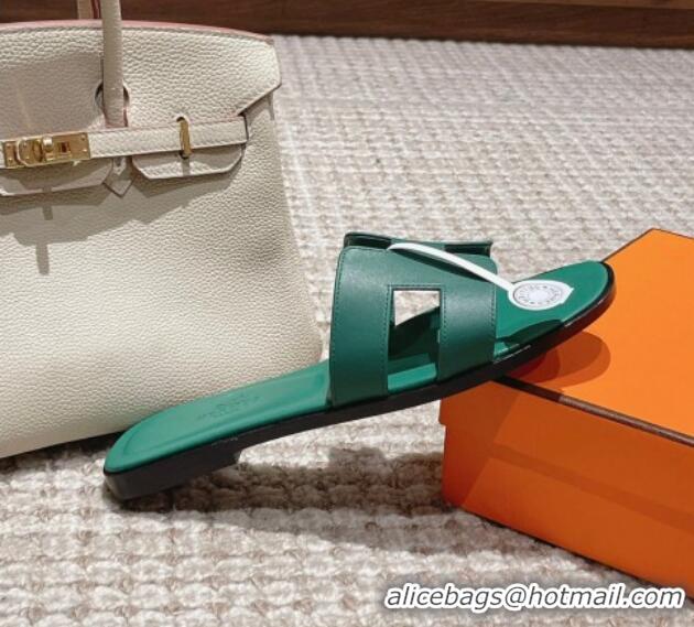 Charming Hermes Classic Oran Flat Slide Sandals in Smooth Leather Green 0123070