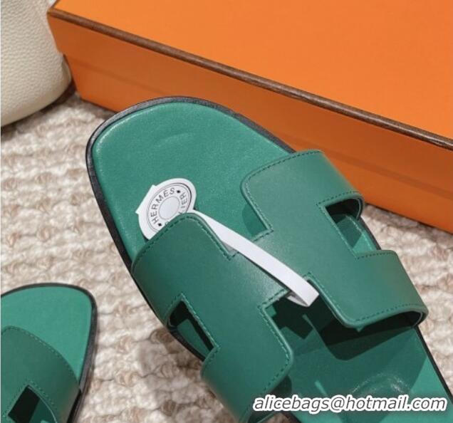 Charming Hermes Classic Oran Flat Slide Sandals in Smooth Leather Green 0123070