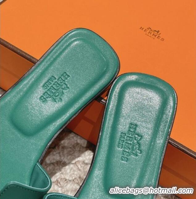 Charming Hermes Classic Oran Flat Slide Sandals in Smooth Leather Green 0123070