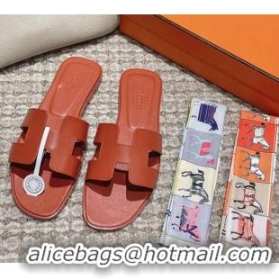 Good Product Hermes Classic Oran Flat Slide Sandals in Smooth Leather Brick Red 0123072