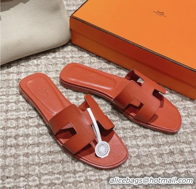 Good Product Hermes Classic Oran Flat Slide Sandals in Smooth Leather Brick Red 0123072