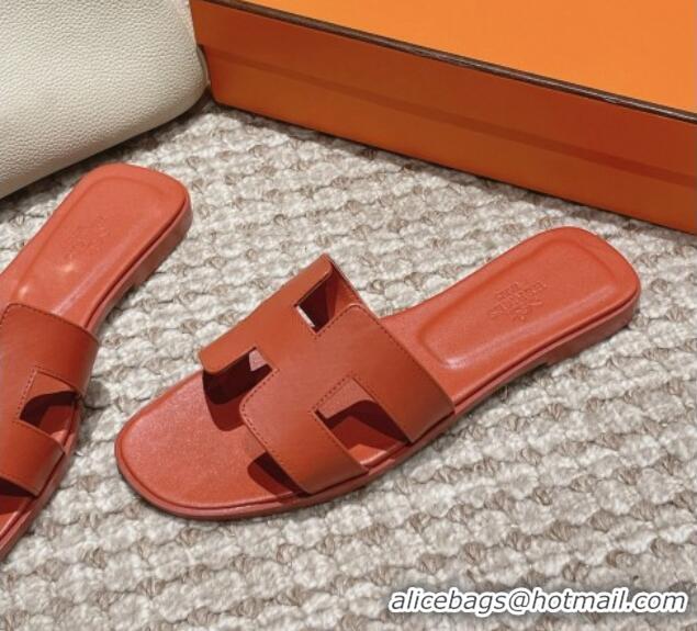 Good Product Hermes Classic Oran Flat Slide Sandals in Smooth Leather Brick Red 0123072