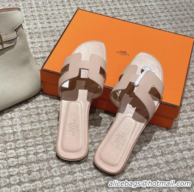 aaaaa Hermes Classic Oran Flat Slide Sandals in Smooth Leather Nude 0123073