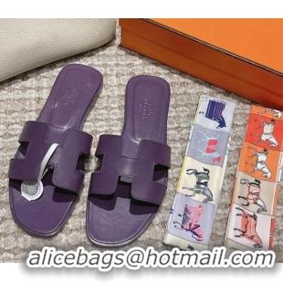 Trendy Design Hermes Classic Oran Flat Slide Sandals in Smooth Leather Purple 0123076