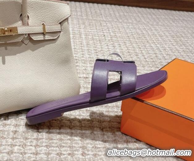 Trendy Design Hermes Classic Oran Flat Slide Sandals in Smooth Leather Purple 0123076