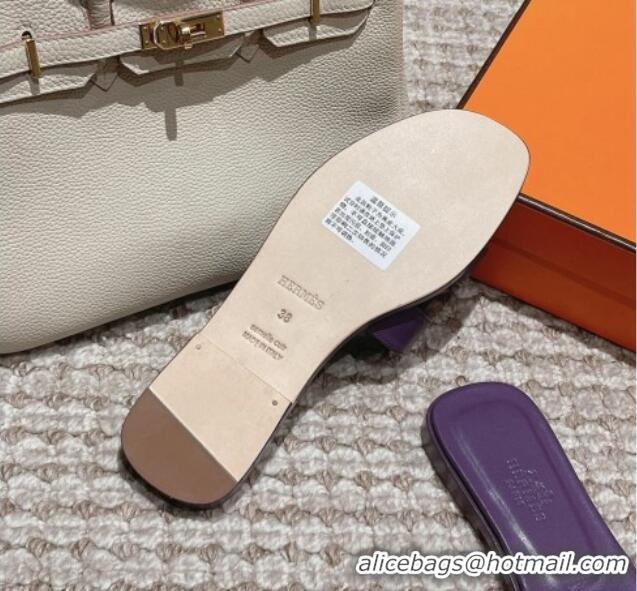 Trendy Design Hermes Classic Oran Flat Slide Sandals in Smooth Leather Purple 0123076