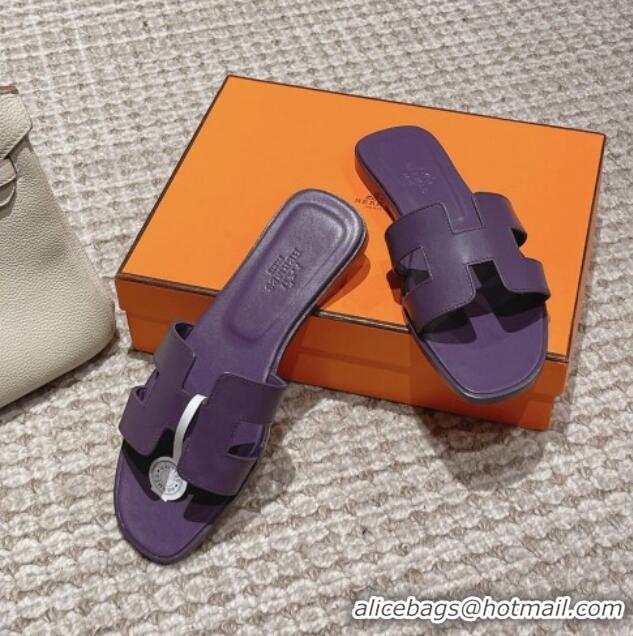 Trendy Design Hermes Classic Oran Flat Slide Sandals in Smooth Leather Purple 0123076