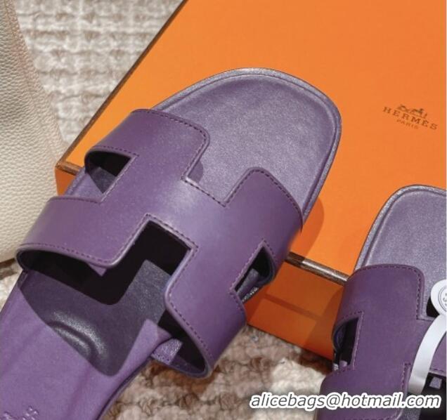 Trendy Design Hermes Classic Oran Flat Slide Sandals in Smooth Leather Purple 0123076