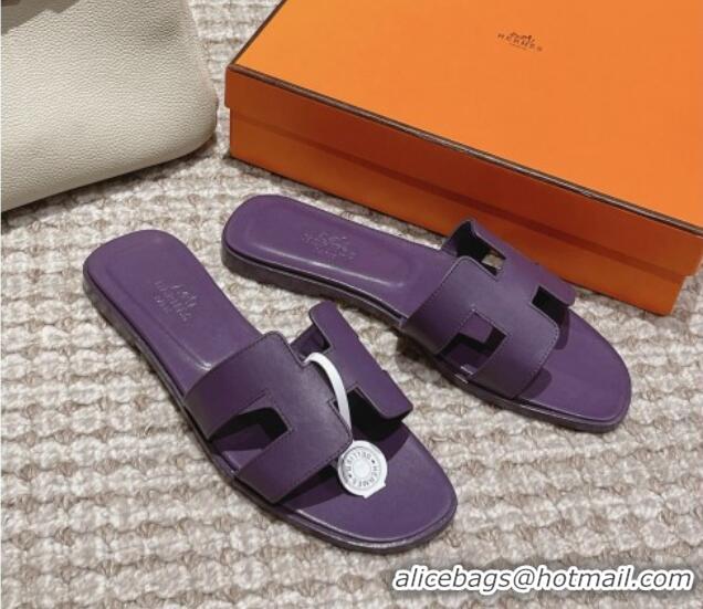 Trendy Design Hermes Classic Oran Flat Slide Sandals in Smooth Leather Purple 0123076