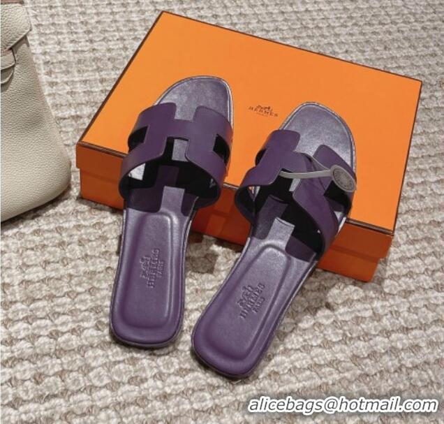 Trendy Design Hermes Classic Oran Flat Slide Sandals in Smooth Leather Purple 0123076