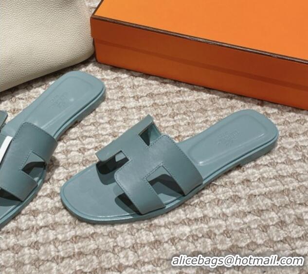 Pretty Style Hermes Classic Oran Flat Slide Sandals in Smooth Leather Blue 0123077