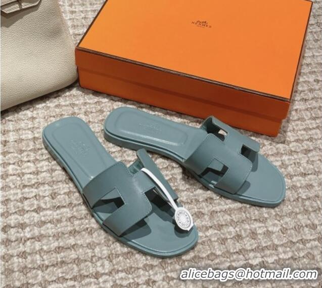 Pretty Style Hermes Classic Oran Flat Slide Sandals in Smooth Leather Blue 0123077