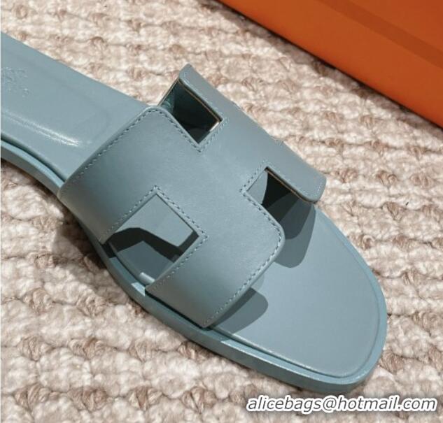 Pretty Style Hermes Classic Oran Flat Slide Sandals in Smooth Leather Blue 0123077