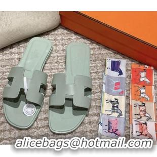 Top Design Hermes Classic Oran Flat Slide Sandals in Smooth Leather Light Green 0123078