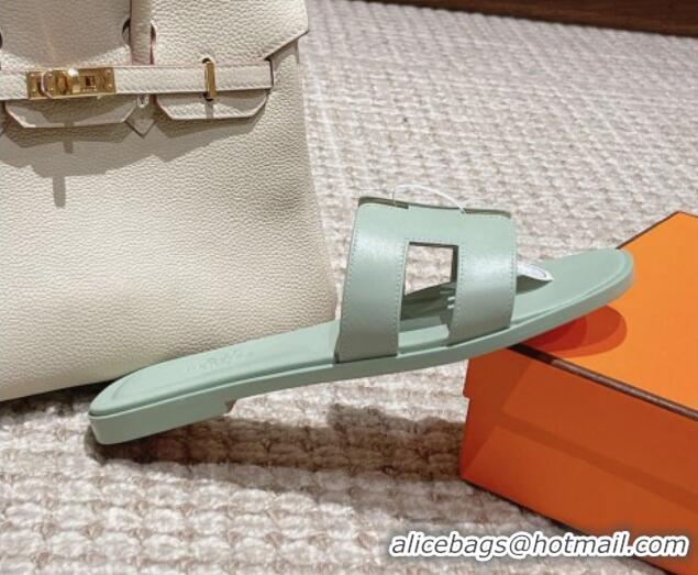 Top Design Hermes Classic Oran Flat Slide Sandals in Smooth Leather Light Green 0123078