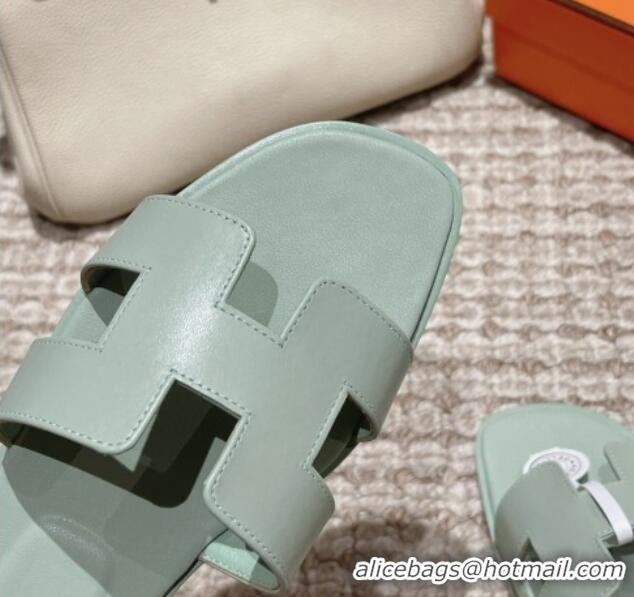 Top Design Hermes Classic Oran Flat Slide Sandals in Smooth Leather Light Green 0123078