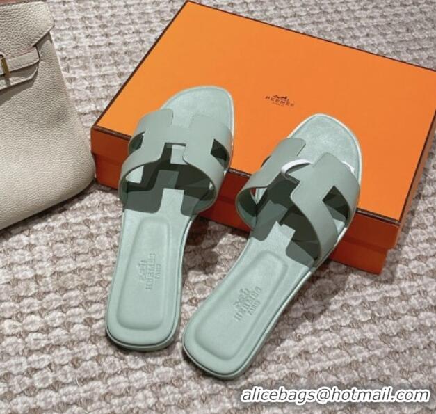 Top Design Hermes Classic Oran Flat Slide Sandals in Smooth Leather Light Green 0123078