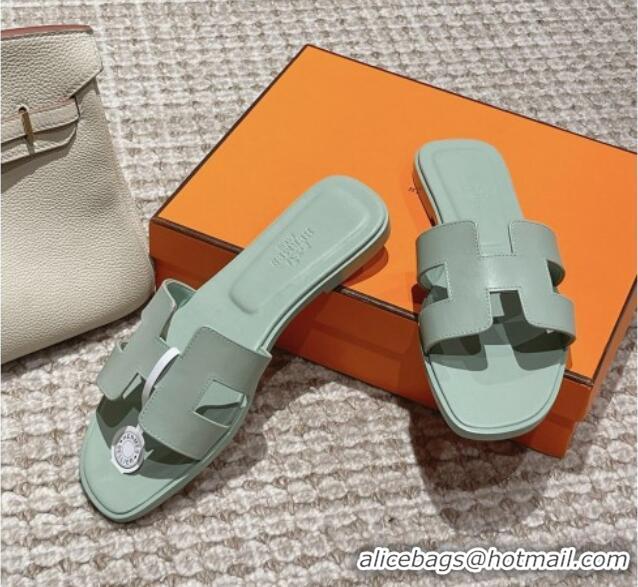 Top Design Hermes Classic Oran Flat Slide Sandals in Smooth Leather Light Green 0123078