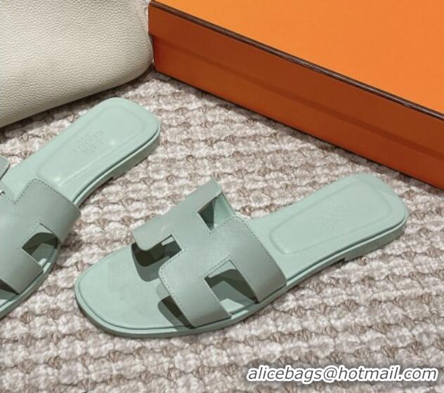 Top Design Hermes Classic Oran Flat Slide Sandals in Smooth Leather Light Green 0123078