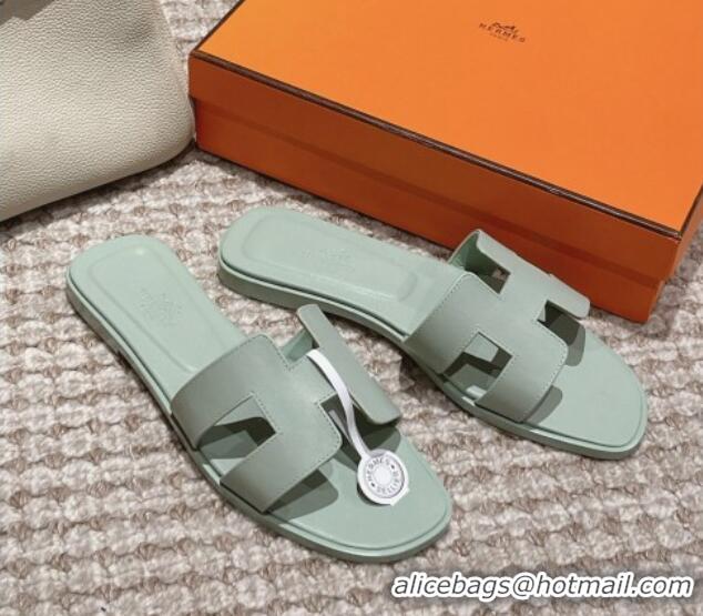 Top Design Hermes Classic Oran Flat Slide Sandals in Smooth Leather Light Green 0123078