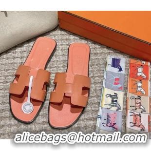 Shop Duplicate Hermes Classic Oran Flat Slide Sandals in Smooth Leather Coral Pink 0123079