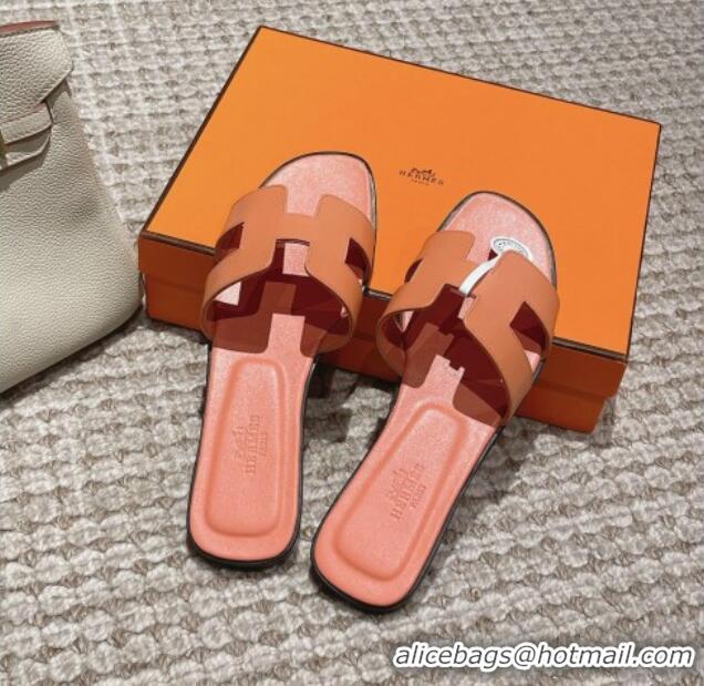 Shop Duplicate Hermes Classic Oran Flat Slide Sandals in Smooth Leather Coral Pink 0123079