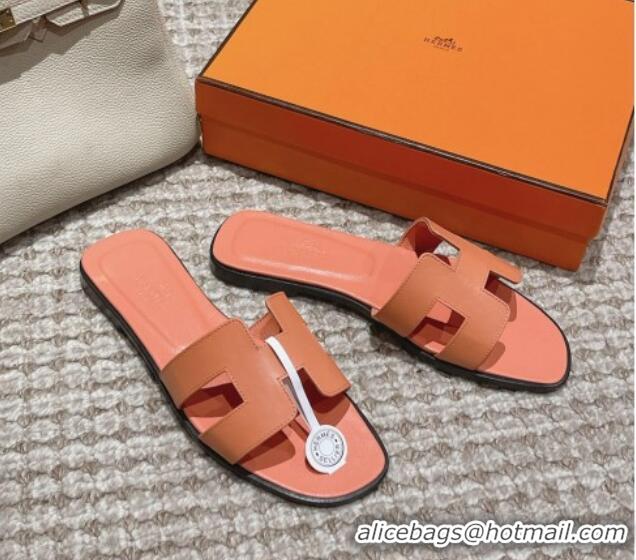 Shop Duplicate Hermes Classic Oran Flat Slide Sandals in Smooth Leather Coral Pink 0123079