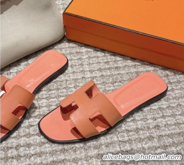 Shop Duplicate Hermes Classic Oran Flat Slide Sandals in Smooth Leather Coral Pink 0123079