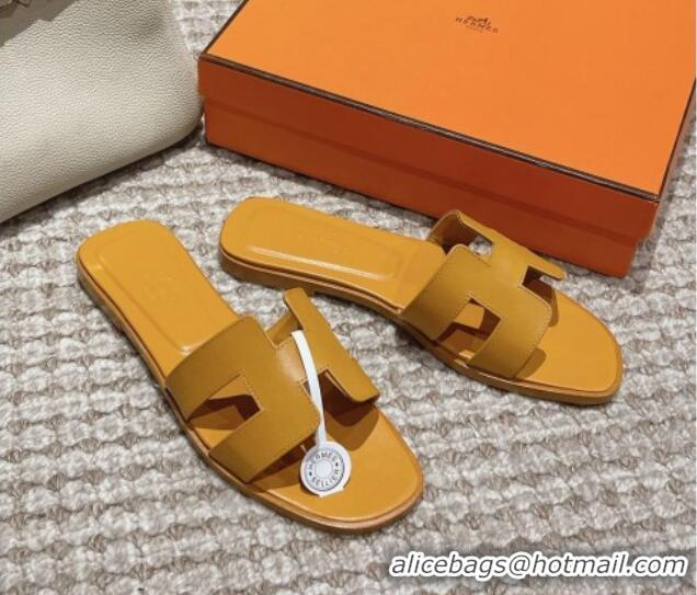 Top Grade Hermes Classic Oran Flat Slide Sandals in Smooth Leather Yellow 0123080