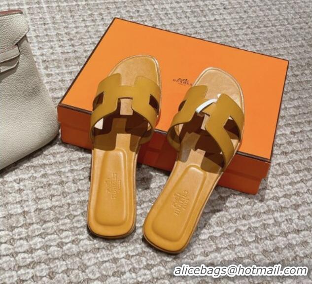 Top Grade Hermes Classic Oran Flat Slide Sandals in Smooth Leather Yellow 0123080