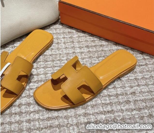 Top Grade Hermes Classic Oran Flat Slide Sandals in Smooth Leather Yellow 0123080