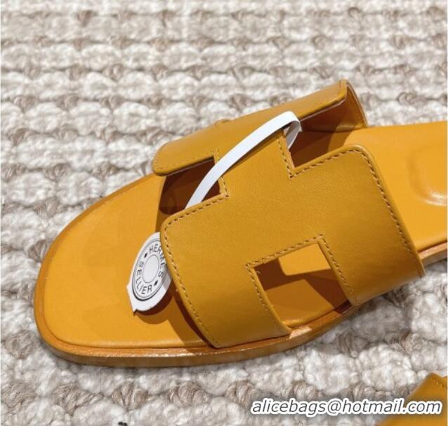 Top Grade Hermes Classic Oran Flat Slide Sandals in Smooth Leather Yellow 0123080