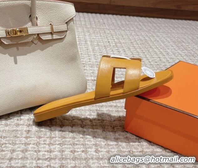 Top Grade Hermes Classic Oran Flat Slide Sandals in Smooth Leather Yellow 0123080