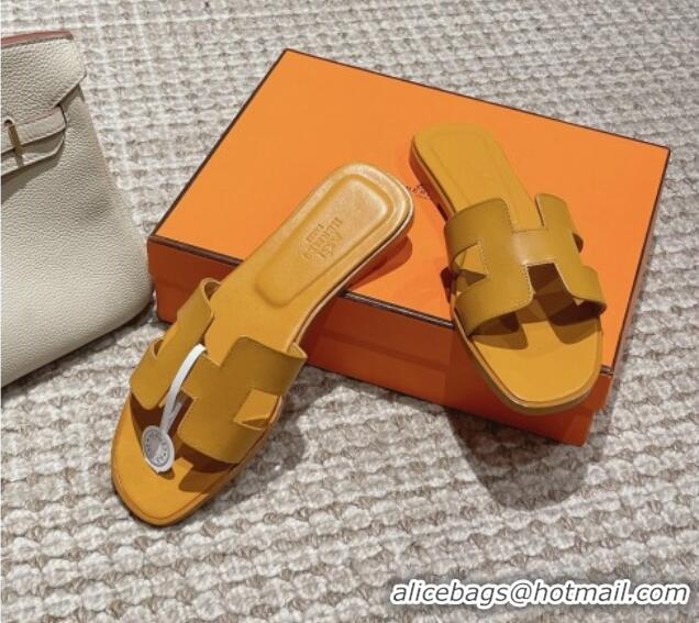 Top Grade Hermes Classic Oran Flat Slide Sandals in Smooth Leather Yellow 0123080