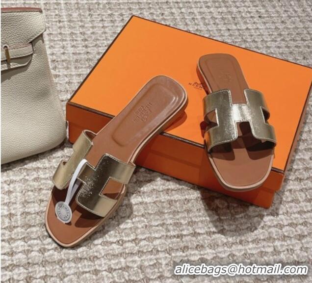 Luxury Cheap Hermes Classic Oran Flat Slide Sandals in Smooth Leather Gold 123081