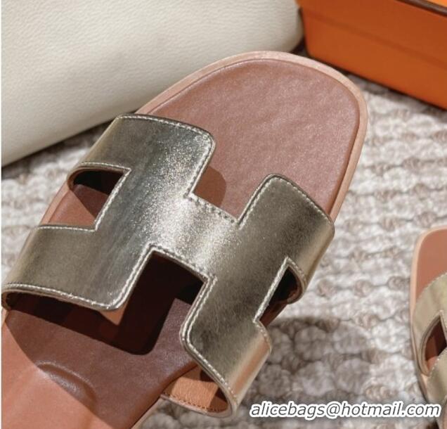 Luxury Cheap Hermes Classic Oran Flat Slide Sandals in Smooth Leather Gold 123081