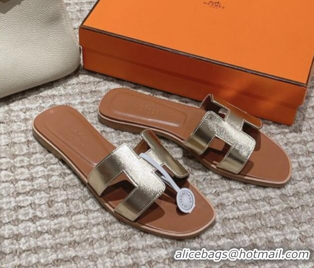 Luxury Cheap Hermes Classic Oran Flat Slide Sandals in Smooth Leather Gold 123081