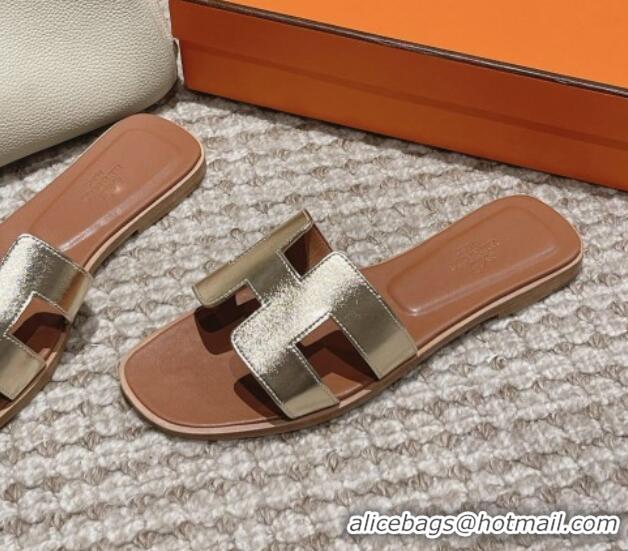 Luxury Cheap Hermes Classic Oran Flat Slide Sandals in Smooth Leather Gold 123081