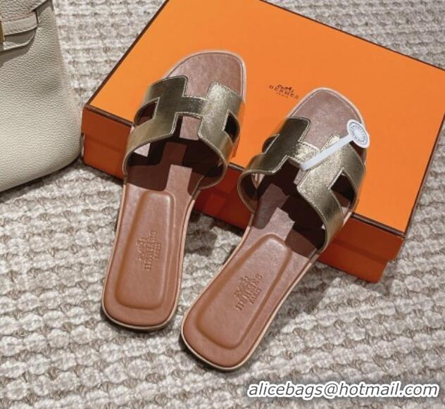 Luxury Cheap Hermes Classic Oran Flat Slide Sandals in Smooth Leather Gold 123081