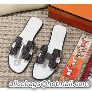 Luxury Hermes Classic Oran Flat Slide Sandals in Calfskin with Astrologie Bandana Print White 0123082