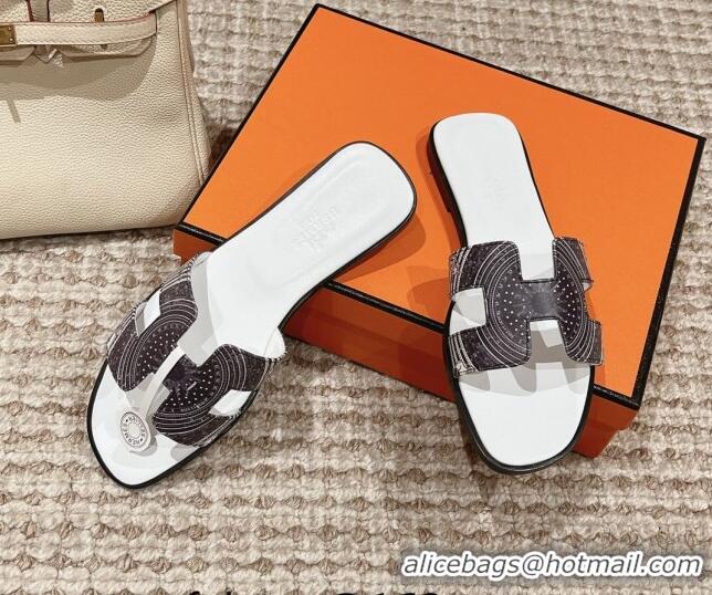 Luxury Hermes Classic Oran Flat Slide Sandals in Calfskin with Astrologie Bandana Print White 0123082