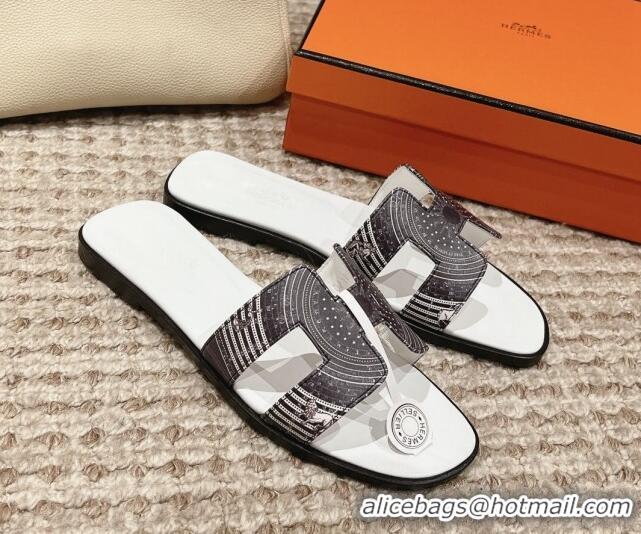 Luxury Hermes Classic Oran Flat Slide Sandals in Calfskin with Astrologie Bandana Print White 0123082