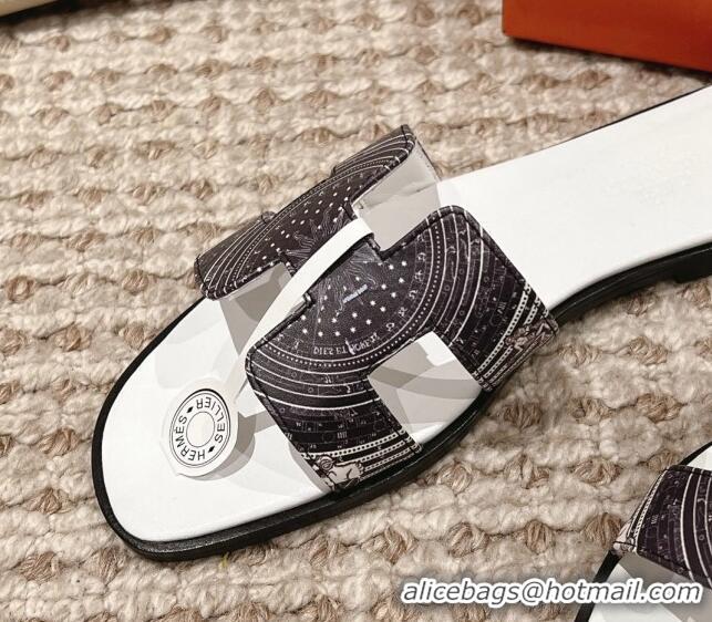 Luxury Hermes Classic Oran Flat Slide Sandals in Calfskin with Astrologie Bandana Print White 0123082